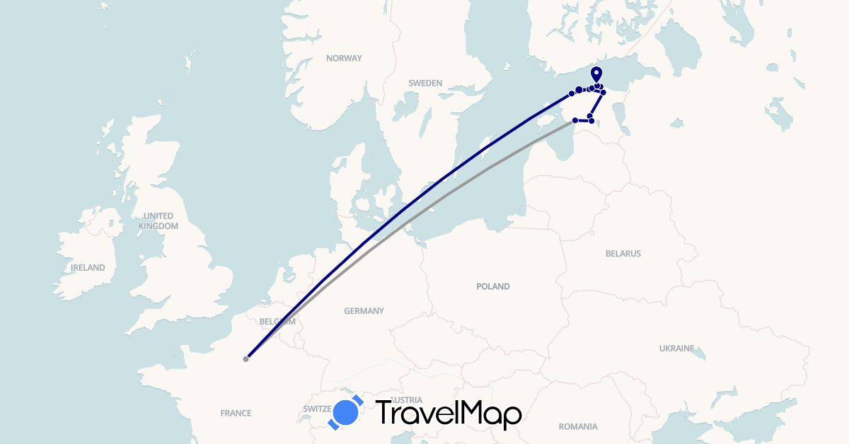 TravelMap itinerary: driving, plane in Estonia, France (Europe)